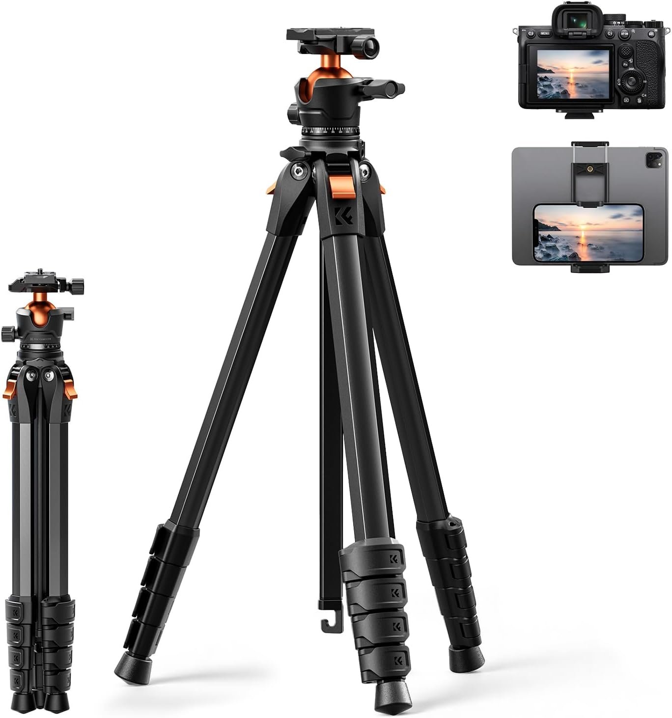 K&F CONCEPT 63″ Aluminum Travel Tripod for Camera/Phone, 2.6 lbs Compact Lightweight with Arca Ball Head, 22 lbs Max Load Heavy Duty for DSLR Mirrorless iPhone Video Recording