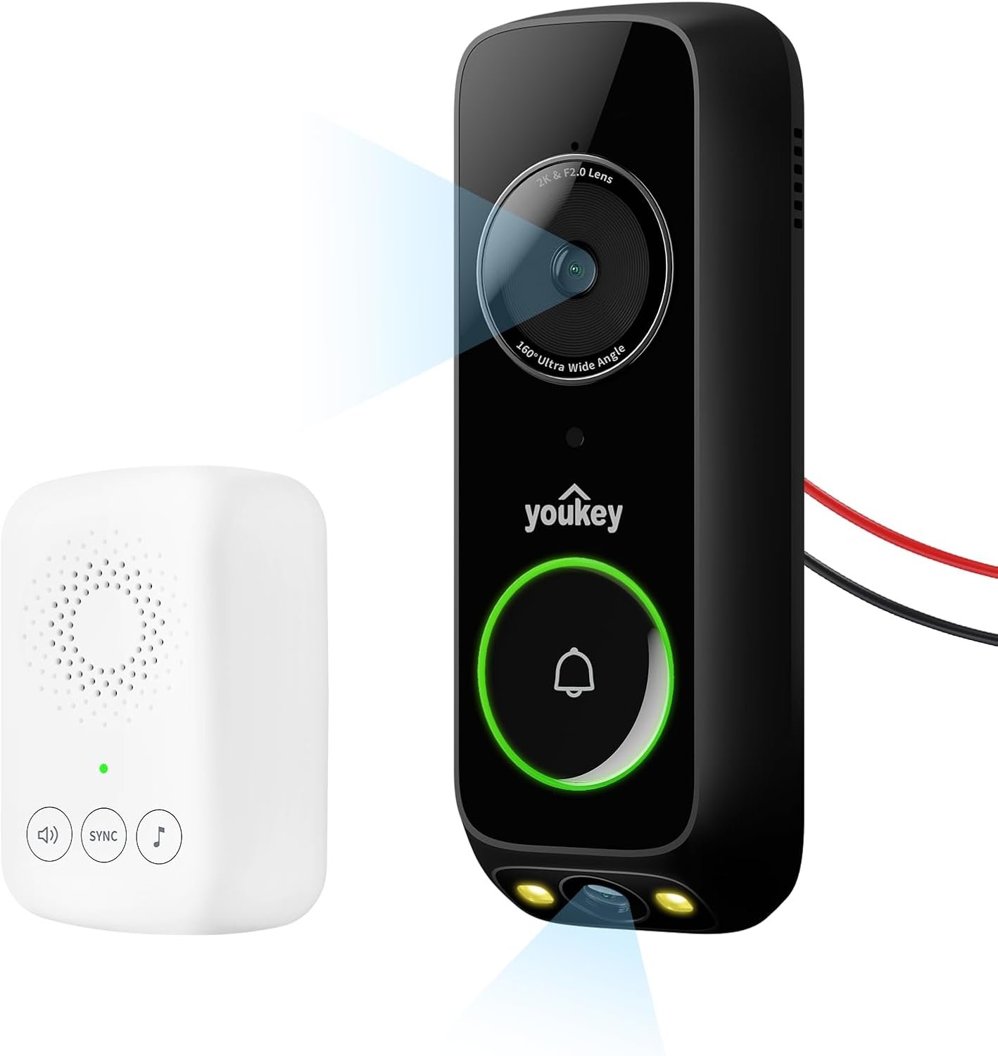 youkey Doorbell Camera Wired with Chime, No Monthly Fee, 2K Wired Doorbell with Head-to-Toe Video, Package Detection, 2.4/5GHz WiFi-6, Built-in 8GB Storage, Two-Way Talk, Color Night Vision, DB322