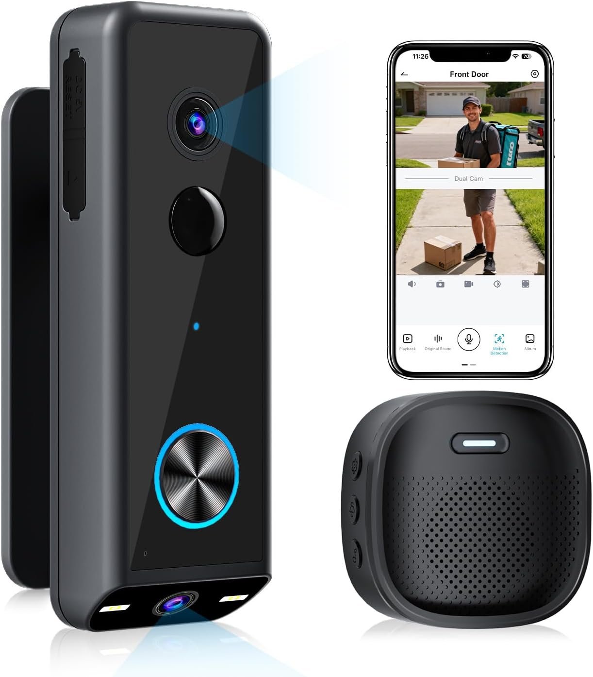 Doorbell Camera Wireless ,2K HD Dual Cameras &Head-to-Toe View ,Battery Powered/Wired Video door bell with Chime,No Subscription,Delivery Guard,Motion Detection,Works with Alexa&Google(Only 2.4G WIFI)
