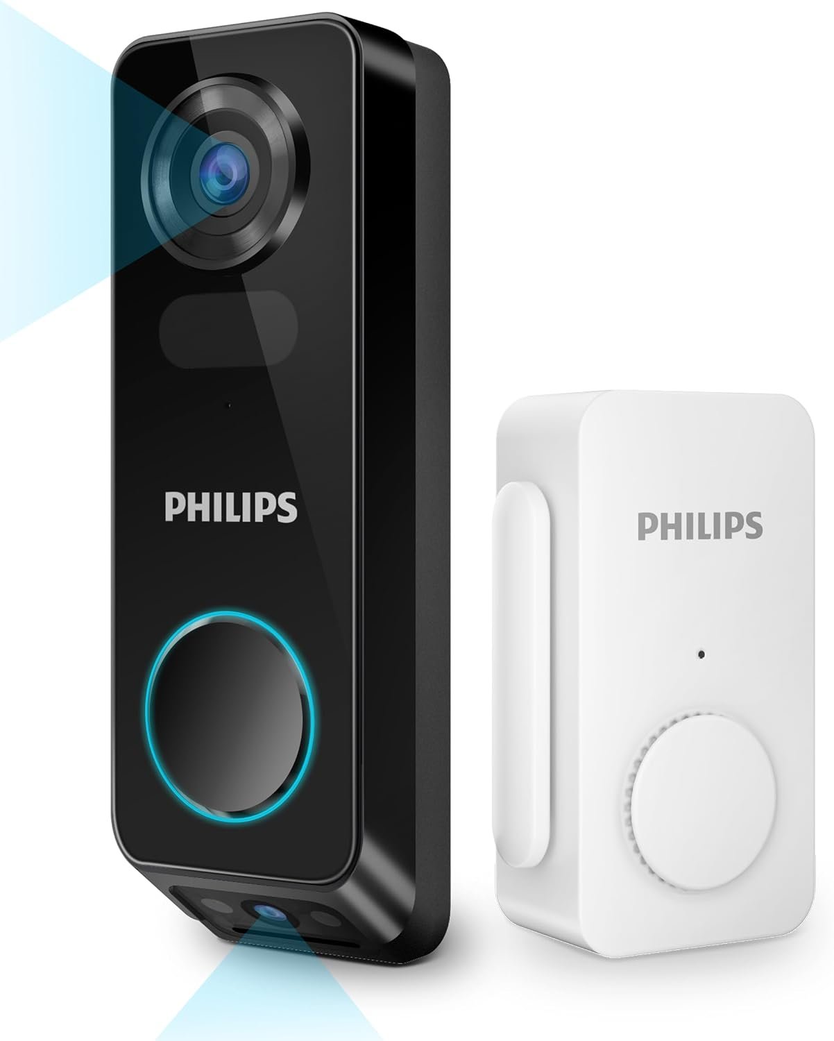 PHILIPS Security Video Doorbell Camera (Chime Included), No Monthly Fee, Dual Cameras 2K QHD with Motion Detection, 2-Way Audio, Supports Alexa & Google Assistant, Battery/Wired Powered