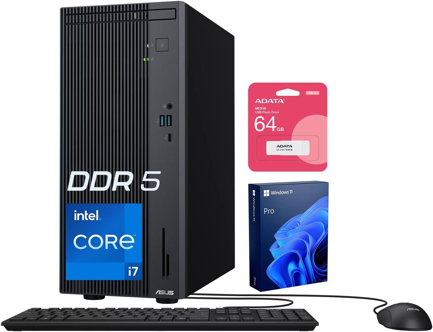 ASUS V500 Home & Business Tower Desktop, 10-core Intel Core i7-13620H Processor, 32GB DDR5 RAM, 1TB SSD, DisplayPort, Wi-Fi 6, Wired KB & Mouse, Win11 Pro, Bundle with ADATA 64GB USB Flash Drive