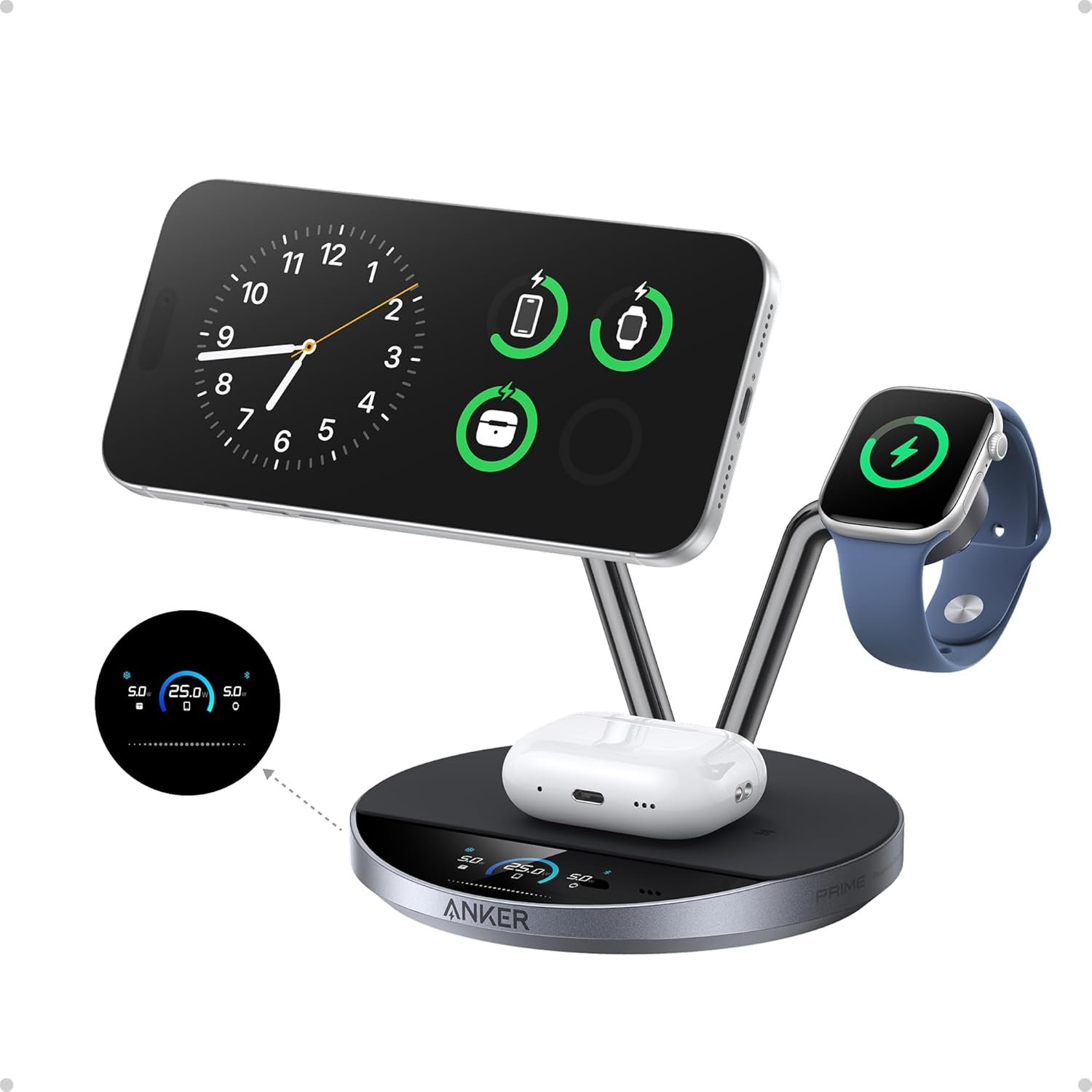 Anker Prime 3-in-1 Qi2.2 MagSafe Compatible 25W Wireless Charging Station | Smart Display, TEC Active Cooling, Apple Watch Charger, for iPhone 17, Apple Watch, AirPods Pro, and More (Adapter Included)