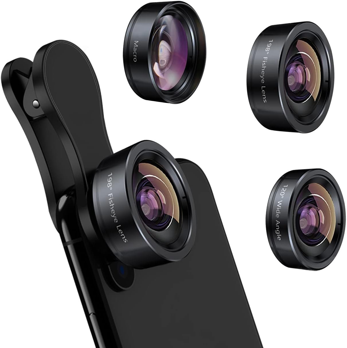 KEYWING Phone Camera Lens 3 in 1 Phone Lens Kit, 198 Fisheye Lens + 120 Super Wide-Angle Lens + 20x Macro Lens for iPhone 6 7 8 X Pro Samsung Android Smartphone- Black