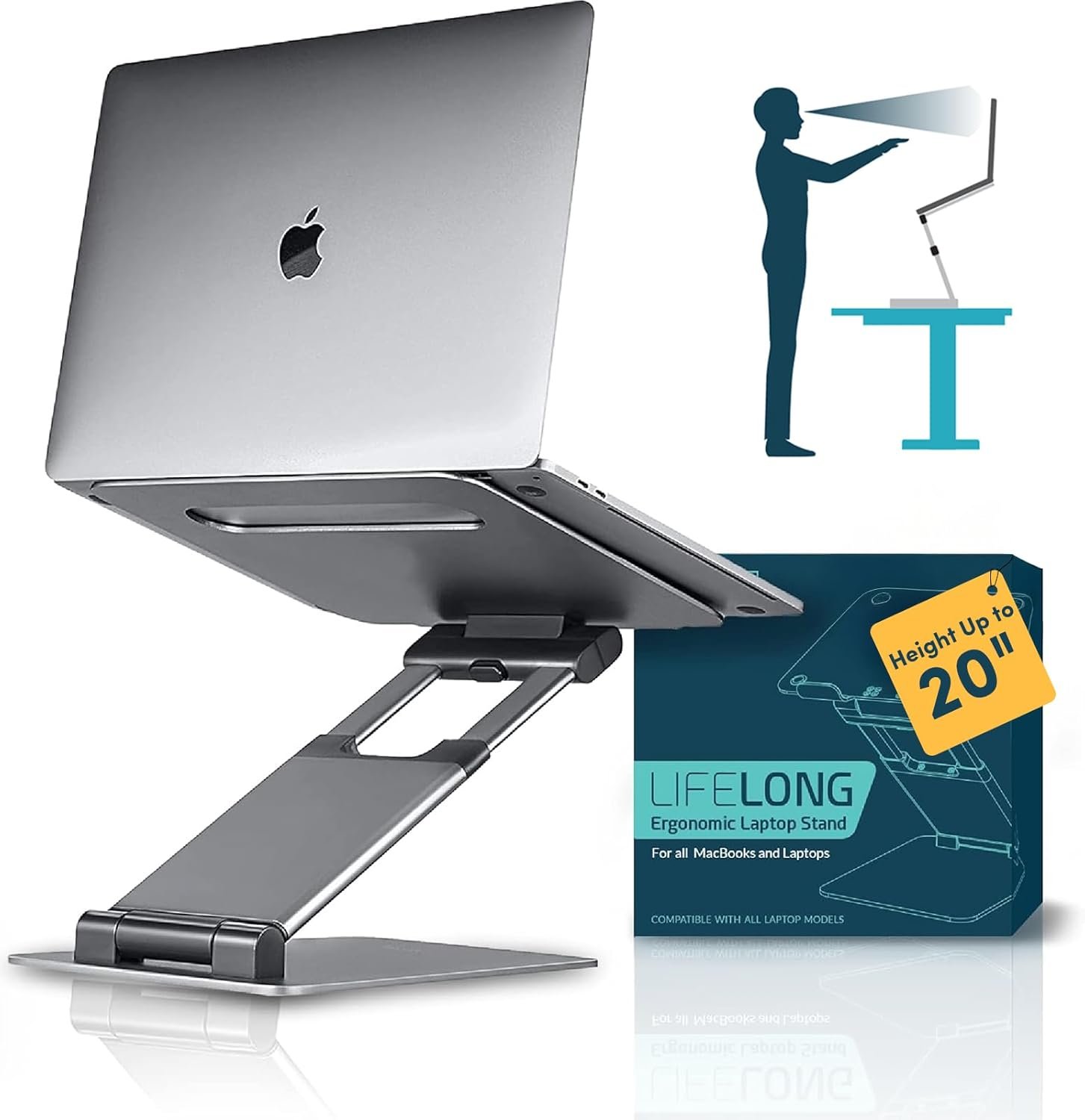 Lifelong Ergonomic Adjustable Laptop Stand for Desk, Extra Tall 20” Height Aluminum Laptop Riser, Portable Foldable Computer Stand, Fits 10-17” Laptops for Office Meetings, Teamwork & Desk Setup