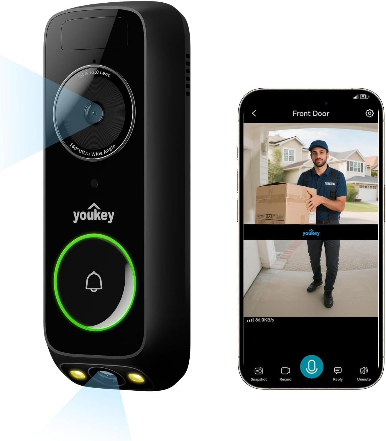 youkey Doorbell Camera Wireless No Subscription, 2K Dual‑cam Video Doorbell with Chime, See Visitor & Package at Once, 5G WiFi, 8GB Local Storage, Two-Way Talk, Compatible with Alexa & Google Home