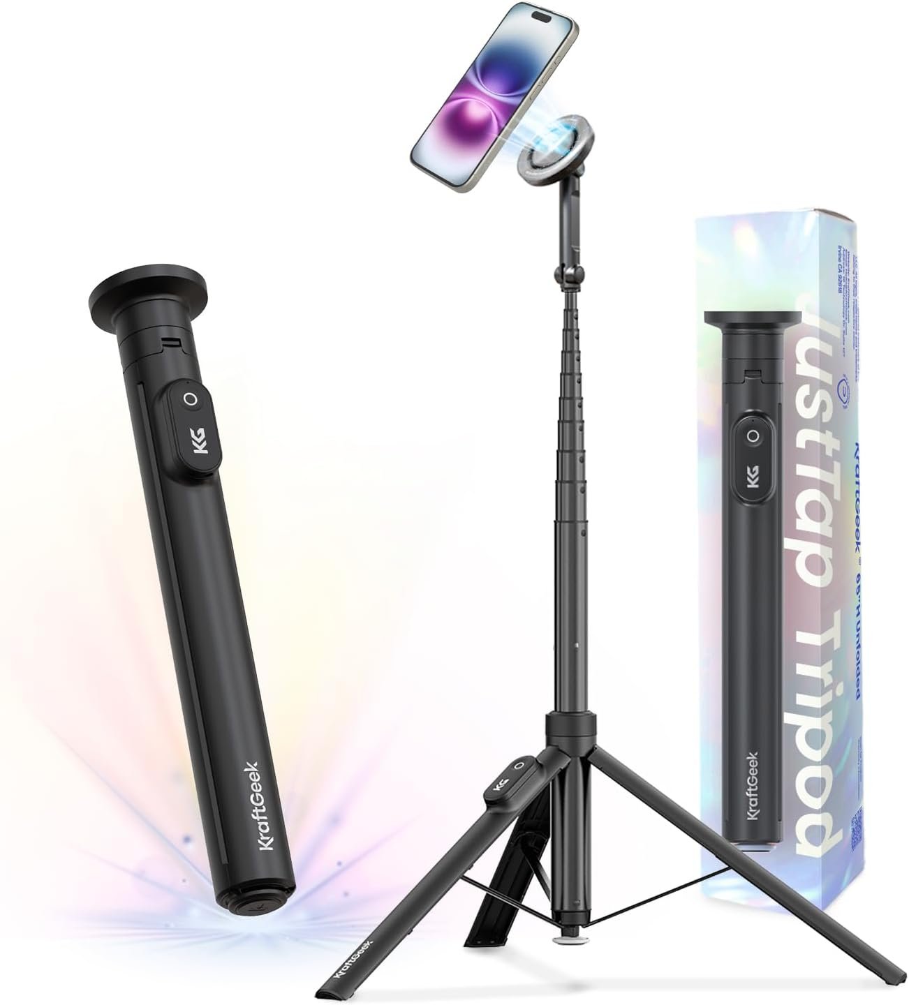 KraftGeek Magnetic Phone Tripod for iPhone MagSafe – 66” Automatic Selfie Stick with Remote, Portable Tripod Stand for Video Recording, Travel, Vlogging (Black)