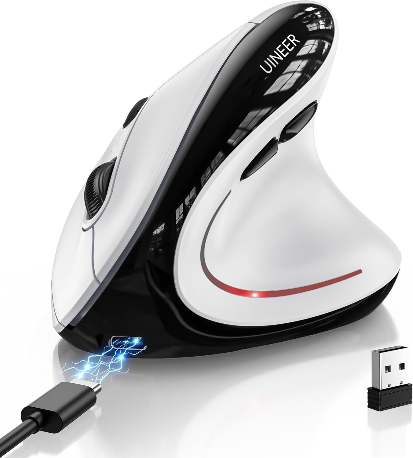 Uineer Ergonomic Wireless Vertical Mouse, Tri-Mode Bluetooth 5.0/4.0 and 2.4G USB, Rechargeable Silent Computer Mouse for Laptop, MacBook, iPad and PC, 4 DPI Levels, LED Light, 3-Device Switching