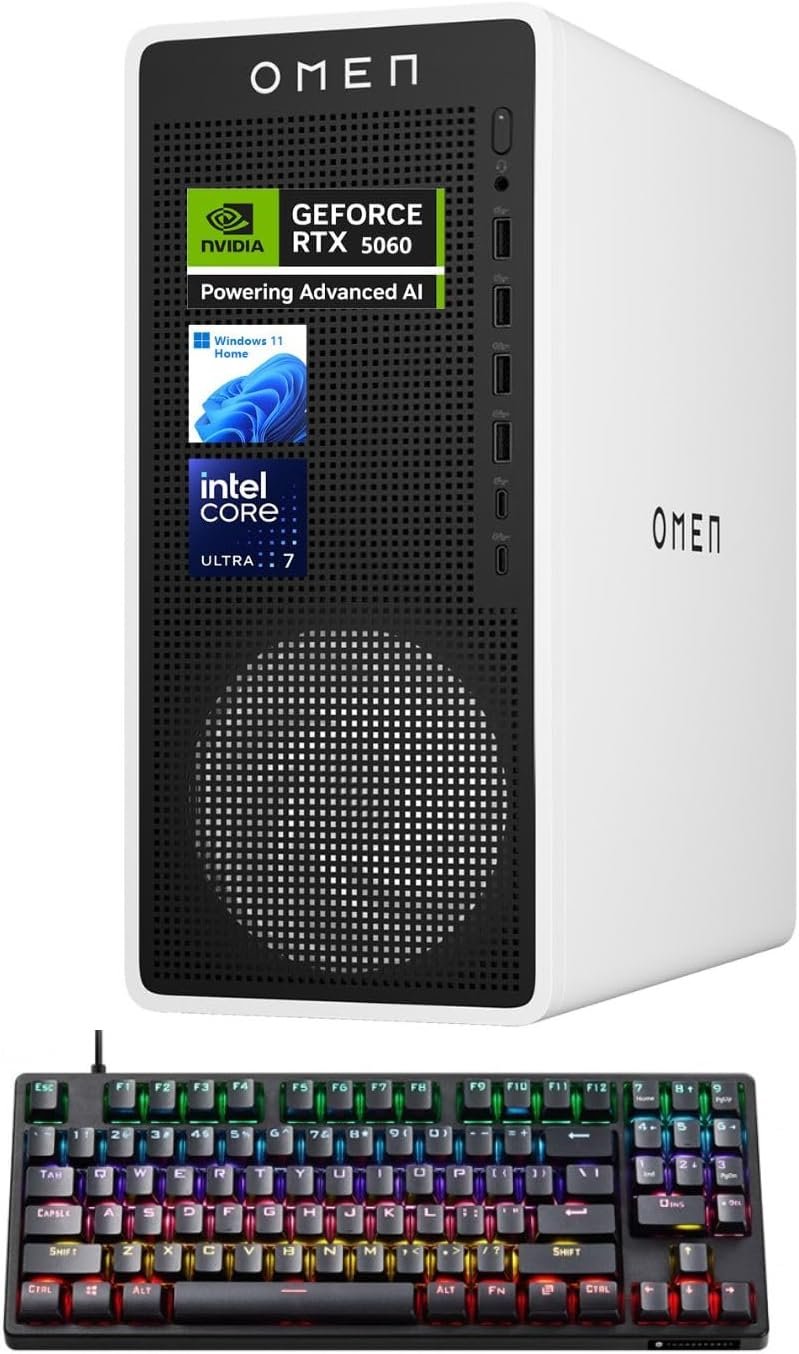 HP Omen 16L 5060 Gaming Desktop PC, Intel Ultra 7 265F (Beats Intel i7-14700F), Geforce RTX 5060, 32GB DDR5 RAM, 1TB SSD, OMEN Hub, Support 3-Monitor 4K, HDMI, Windows 11 Home, Keyboard Bundle, White
