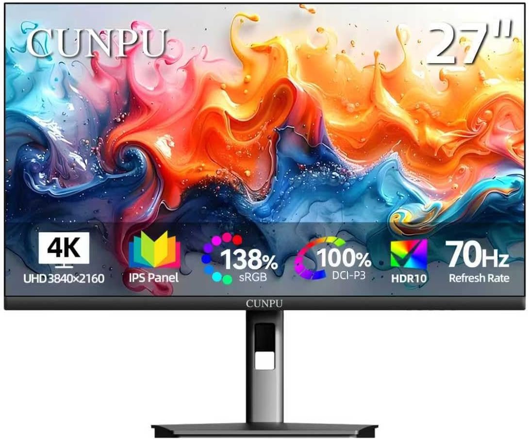 CUNPU 27 Inch 4K 70Hz Monitor, UHD (3840 * 2160) IPS Ultra-Slim Bezel Monitor for Photo Video Editing, ΔE < 2, 100% DCI-P3, 1.07B+ Colors, PIP-PBP, Adaptive Sync, DP/HDMI, Black