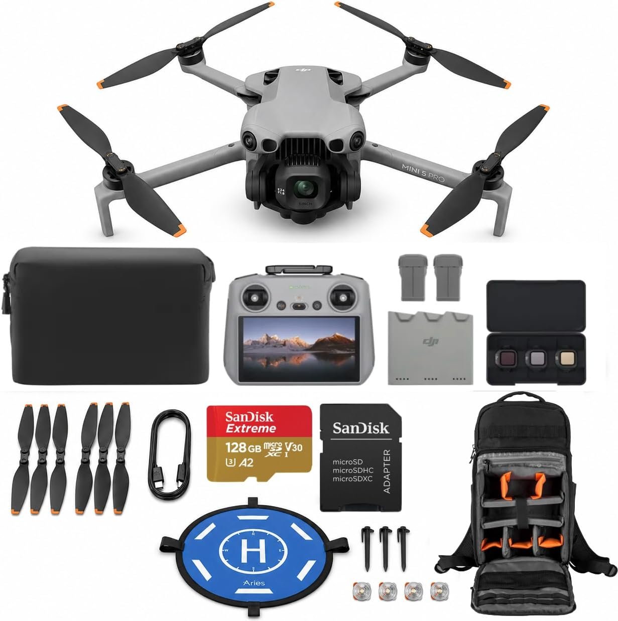 DJI Mini 5 Pro Fly More PLUS Combo Drone with RC 2 Controller, 3 Batteries, Drone with Camera, ActiveTrack 360°, 225° Gimbal Rotation + 128GB microSD Card + Backpack + Landing Pad Bundle