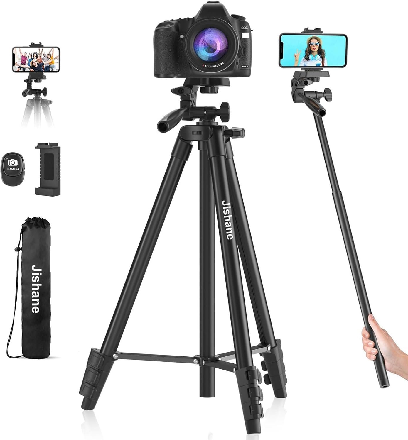 71″ Camera Tripod, Versatile Cell Phone Tripod with Wireless Remote Phone Holder and Carry Bag, Lightweight Portable Camera Tripod Stand Compatible with Smartphone Cameras, Max Load 6.6 lbs