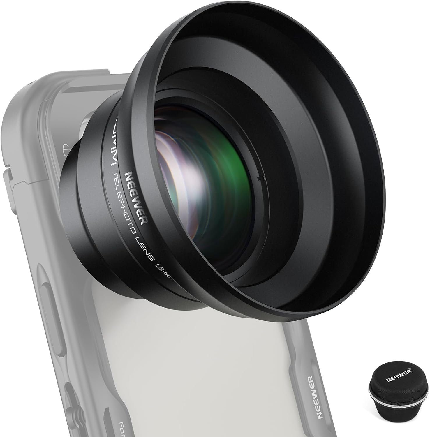 NEEWER HD 65mm Telephoto Phone Camera Lens with Lens Hood for 17mm Thread Lens Backplate Cell Phone Cage Case, 1.7X Zoom Lens Attachment Compatible with iPhone 17 16 15 S25 S24 Ultra Android, LS-66