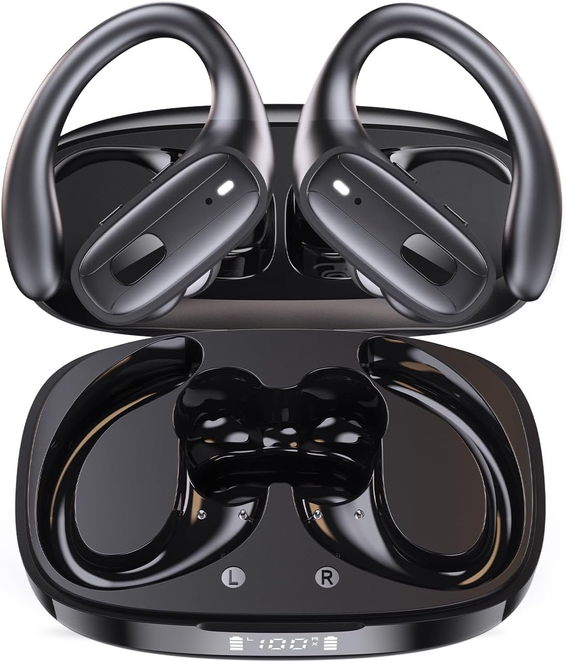 LEEMC Wireless Earbuds with Hooks for Sports, Bluetooth Headphones 5.4, Noise Canceling Ear Buds, 80Hr Playtime, LED Display, IPX7 Waterproof Earphones for Workout Running,Ebony