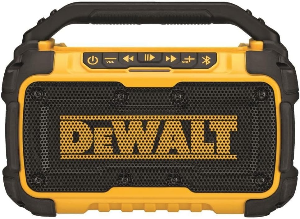 DEWALT 20V MAX Bluetooth Speaker, 100 ft Range, Durable for Jobsites, Phone Holder Included, Lasts 8-10 Hours with Single Charge (DCR010), Black Yellow