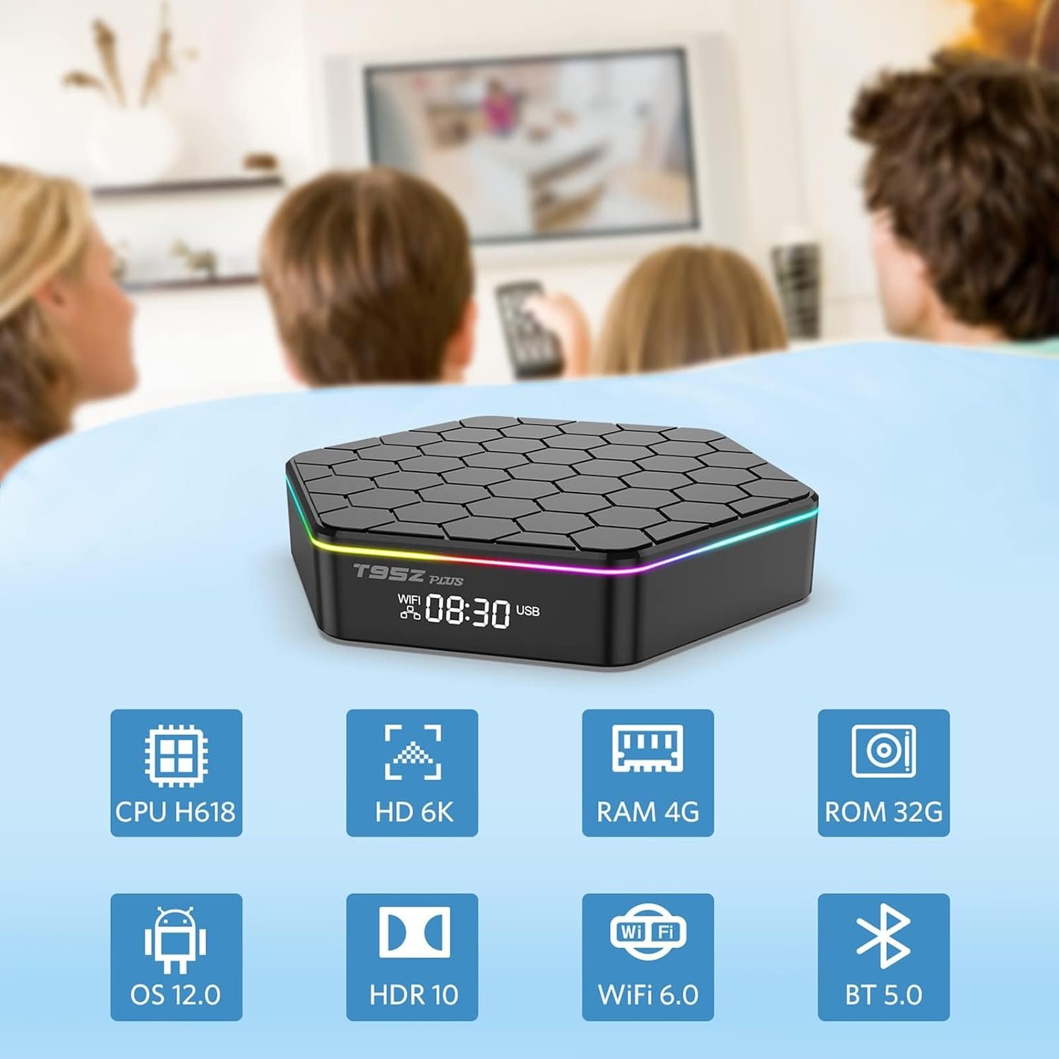 Android TV Box 12.0,T95ZPLUS H618 4GB RAM 32GB ROM Quad-Core Cortex-A53 CPU,2.4GHz/5GHz Dual Band WiFi6 6K Ultra HD Resolution Bluetooth 5.0,Android TV Box