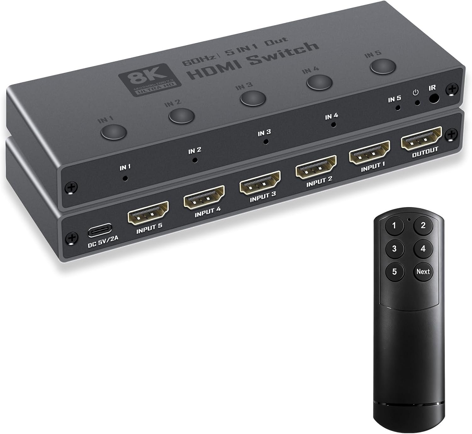 Enbuer 8K HDMI 2.1 Switch, HDMI 2.1 Switcher 5 in 1 Out Supports CEC 8K@60Hz, 4K@240Hz, 1080P@480Hz, HDCP 2.3 HDR 3D Dolby Atmos VRR Compatible with PS5 Xbox Blu-Ray Player with IR Remote Controller