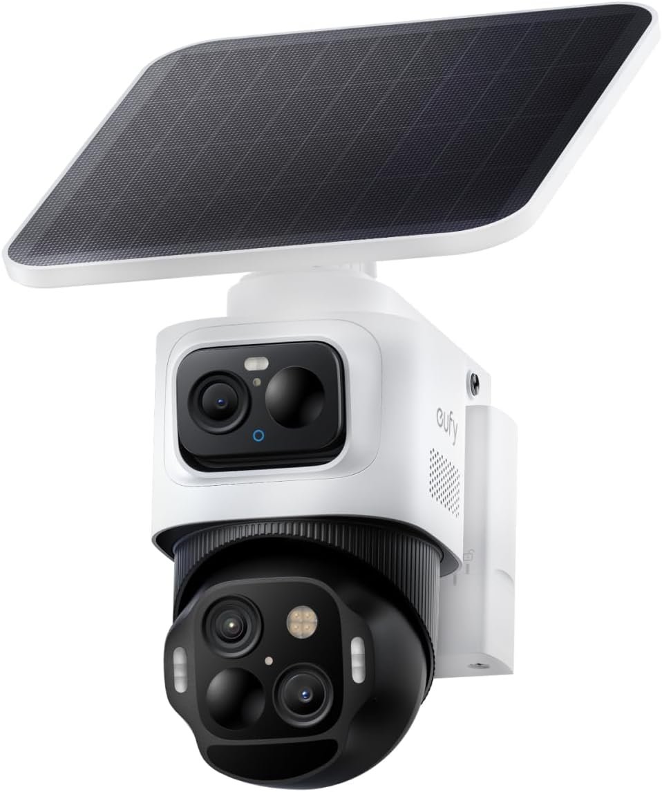 eufy Security eufyCam S4,4K Solar Camera Wireless Outdoor, 3-Lens Bullet-PTZ Cam, 360° Coverage, 8X Auto Zoom, AI Recognition,AI Track, Color Night Vision, 0 Monthly Fee, Built in 32 GB Storage