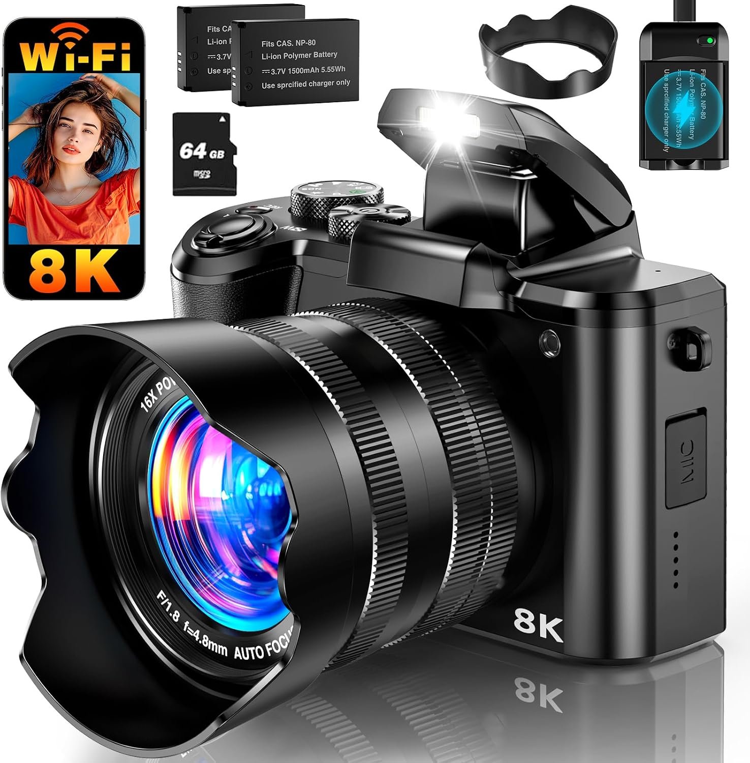 8K Digital Camera, 88MP WiFi Cameras for Photography with 3.2″ Touchscreen, 16X Zoom Autofocus Professional Dual Camera, Anti-Shake, 2 Batteries & Charging Stand, 64GB Card, Flash, Lens Hood