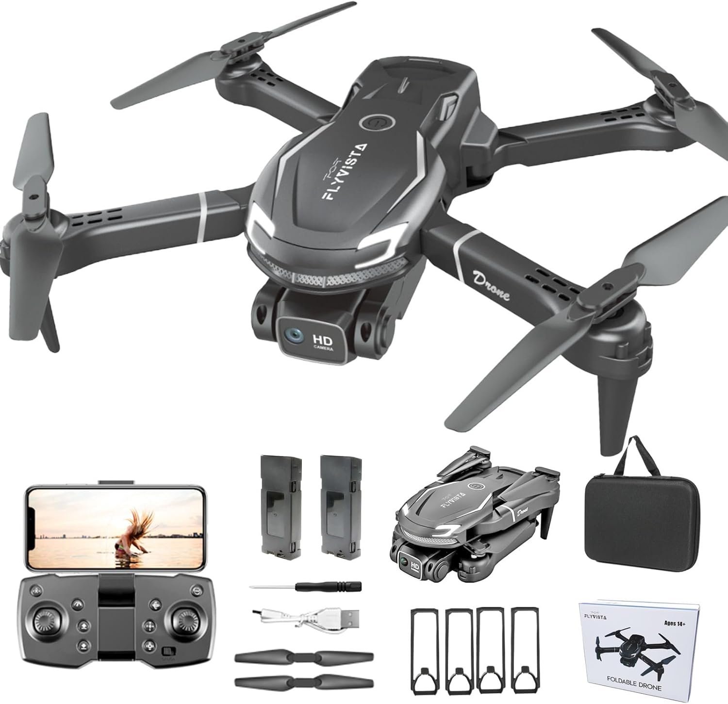FLYVISTA Cool Mini Drone with Camera for Kids Adults Beginners, 1080P FPV Camera Remote Control Drone for Kids with 2 Batteries, One-Click Take Off/Landing, Altitude Hold, Headless Mode, 360° Flips, 3-Gear Speeds , Emergency Stop, Toys Gifts for Adults Beginner and Kids