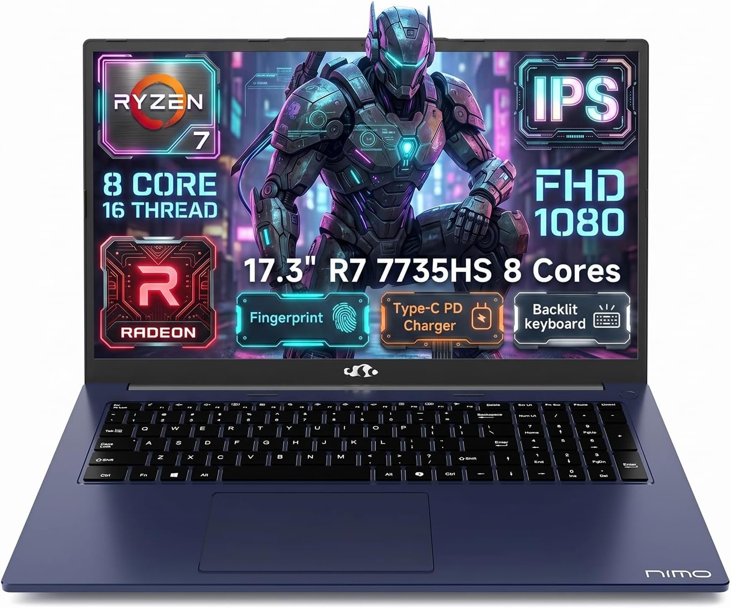 NIMO 17.3″ Gaming Laptop, AMD Ryzen 7 7735HS 8 Cores, 32GB DDR5 1TB SSD, Windows 11, FHD IPS 180° View, Fingerprint, Backlit Keyboard, 100W Fast Charging, WiFi 6E Computer, for Business & Student