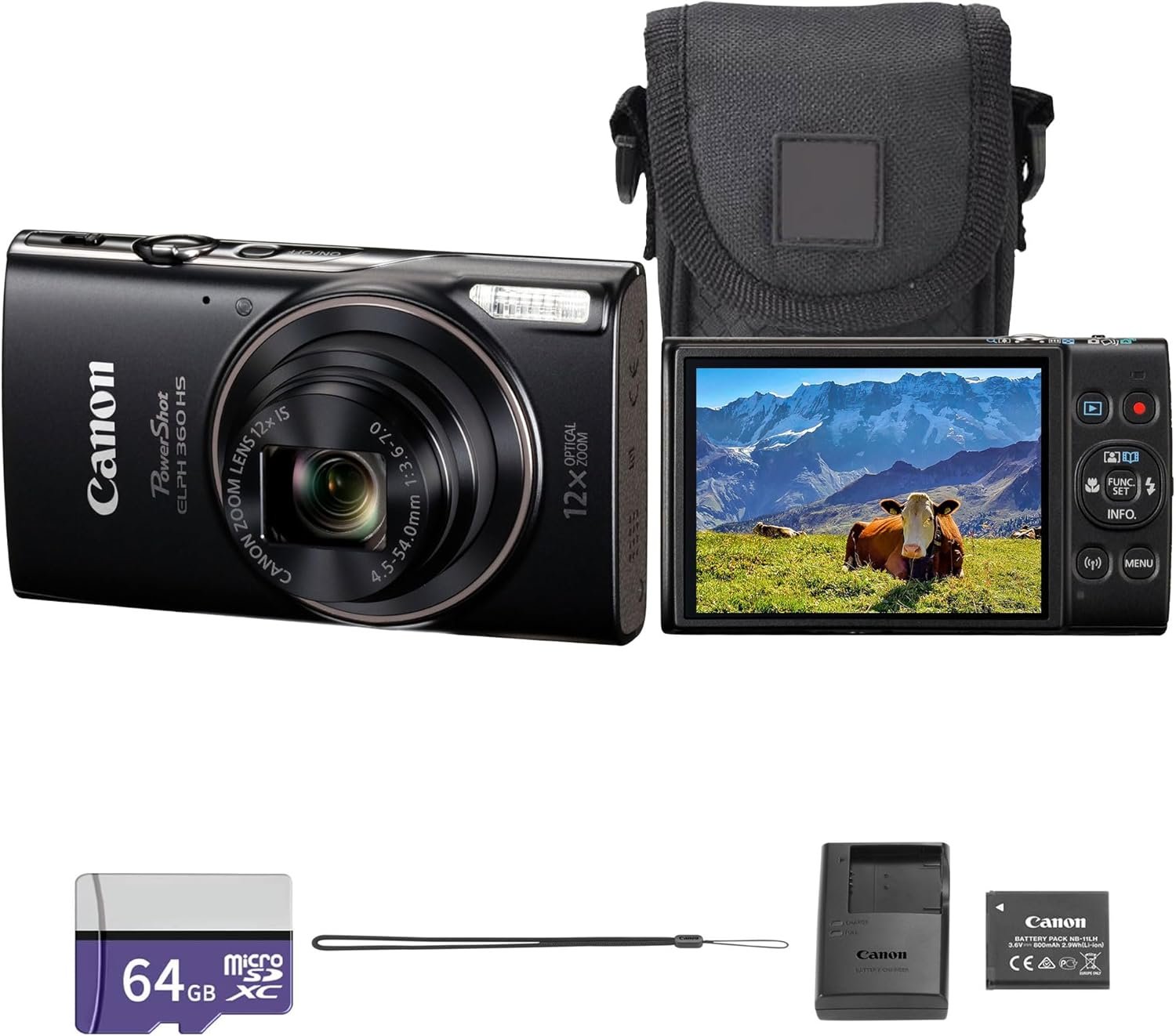 Canon PowerShot ELPH 360 HS A Digital Camera (Black) | 20.2MP CMOS Sensor, 12x Optical Zoom & Built-in Wi-Fi | Compact Point-and-Shoot for Travel, Family & Everyday Photography (7280C001) + 64GB Card
