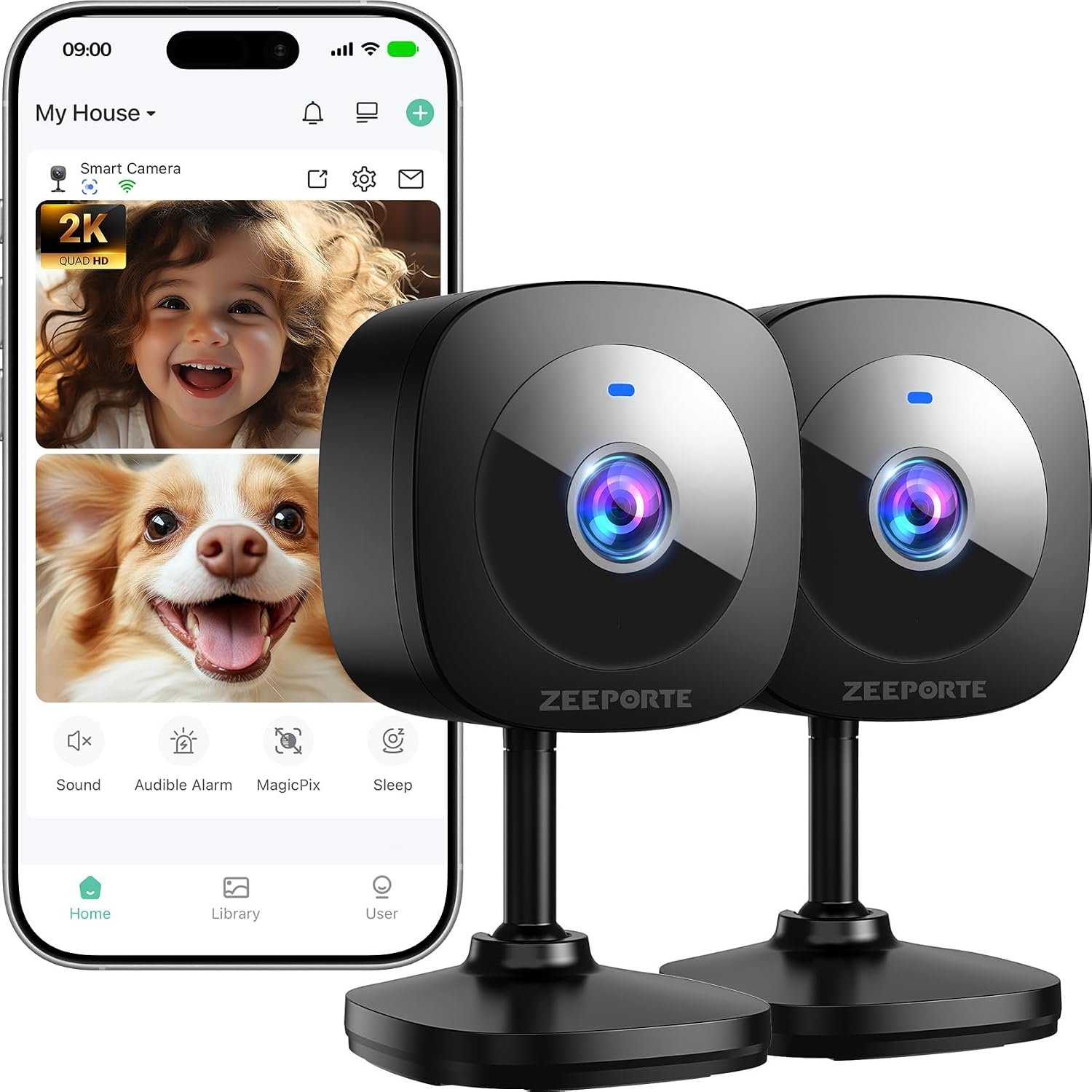 ZEEPORTE 2K Indoor Cameras for Home Security – Baby Monitor and Dog Pet Camera with Motion Detection, 2-Way Audio, Night Vision, Siren, Wired Security Camera – Works with Alexa and Google Home(2-Pack)