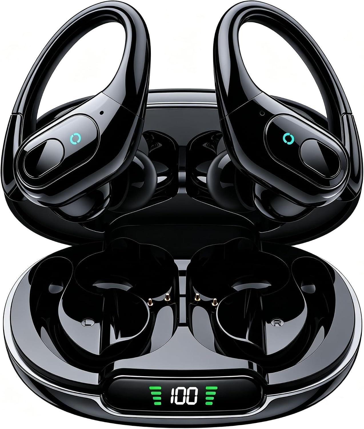 occiam Active Noise Cancelling Earbuds Wireless Bluetooth Headphones Ear Buds 90Hrs Playback Stereo Bass Earphones with Mic Over-Ear Hooks IPX7 Waterproof Headset for Work Sports Running Glossy Black