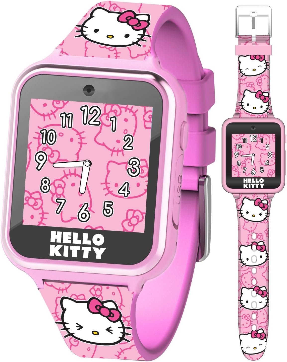 Hello Kitty Kids Smartwatch – Interactive Touchscreen with 10 Watch Faces, Camera, Games, Alarm, Step Tracker & More – Fun Gift for Girls with Pink Silicone Strap – Fits Wrists 5.5” to 8.0″