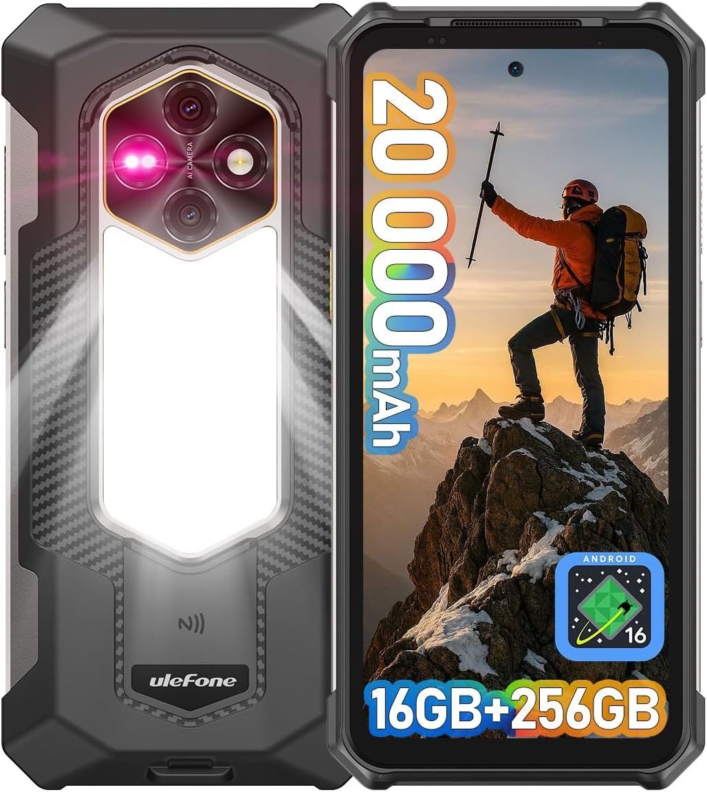 Ulefone RugKing 5 Pro Rugged Smartphone Android 16, 20000mAh(33W), 16GB(8+8)+256GB, 64MP+20MP Night Vision, 6.78″ FHD+ Corning Gorilla Glass, IP69K Waterproof Phone, Versatile LED Light, Widevine L1 | Long-Lasting
