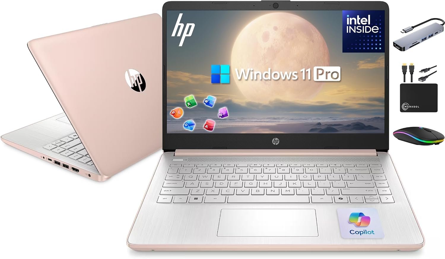 HP 14″ Laptop Ultrabook 2026 Business Student Computer with MS Office & Copilot AI, Intel CPU Upto 2.8GHz, 8GB RAM, 628GB Storage (128GB SSD+500GB Ext), Wi-Fi 6, MarxsolAccessory, Win 11 Pro, RoseGold