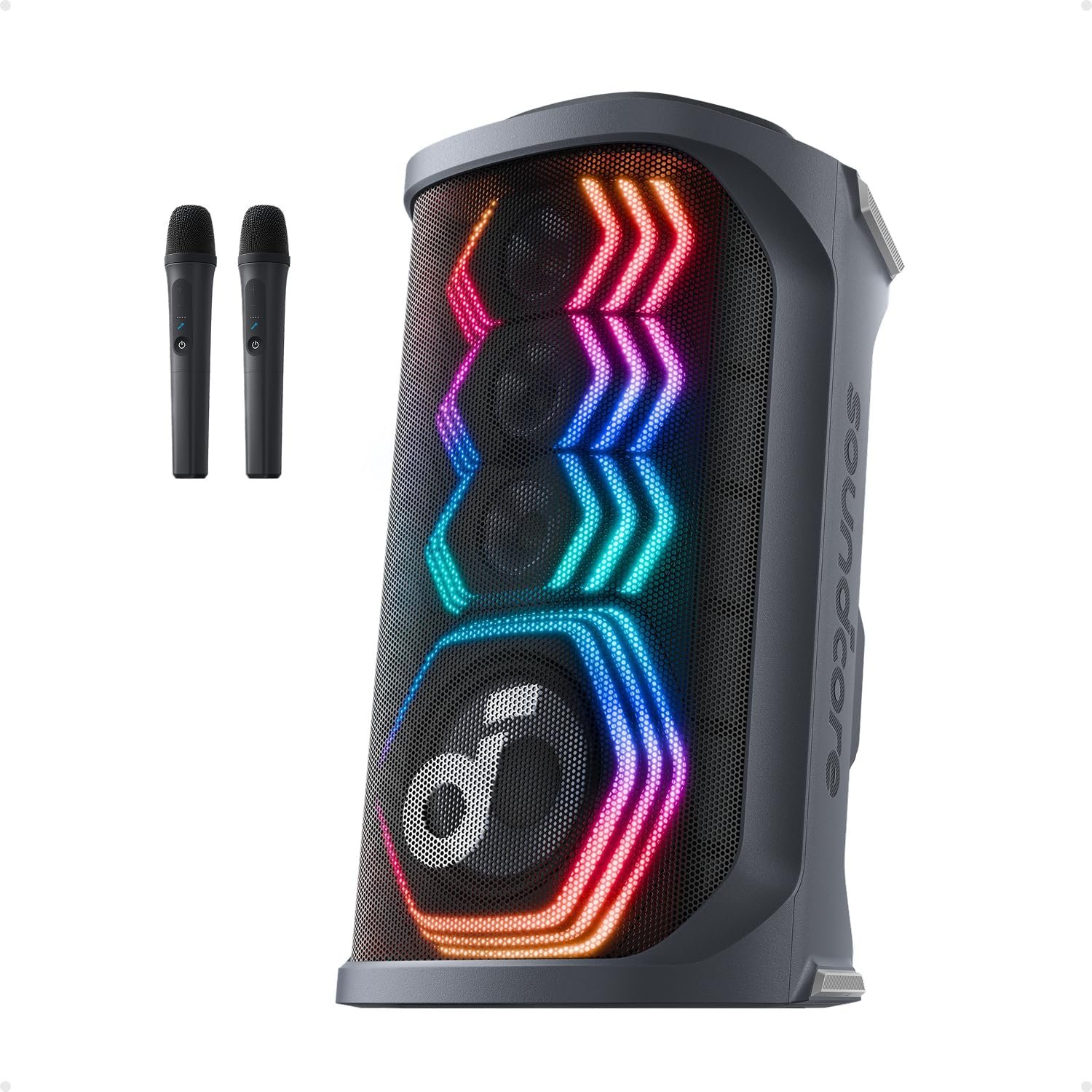 Soundcore Rave 3S AI Party Speaker with 2 Wireless Microphones, 200W Sound, AI Vocal Removal, Reverb, Light Show, 12H Playtime, Portable Bluetooth PA System for Home, Party, or Backyard