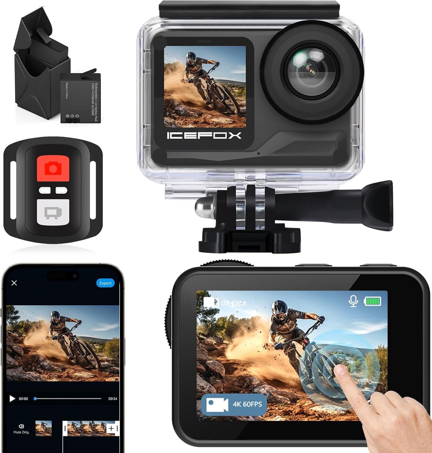 icefox Action Camera 4K 60FPS 20MP with 2X 2150mAh Batteries, Underwater Camera with 5X Zoom, EIS, Powered by Snappro App,Support Video&Photo Editing,Waterproof, WiFi Remote Control