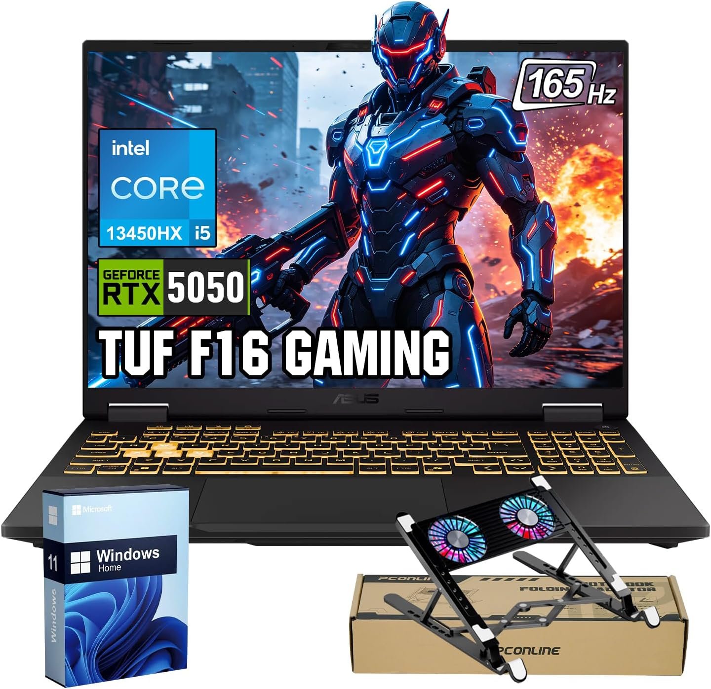 ASUS TUF Gaming F16 5050 Gaming Laptop, Intel Core i5-13450HX, 16″ FHD+ 165Hz Anti-Glare 100% sRGB, GeForce RTX 5050, 16GB DDR5, 1TB SSD, RGB Backlit KB, IR Camera, HDMI, Windows 11 Home, w/Bundle