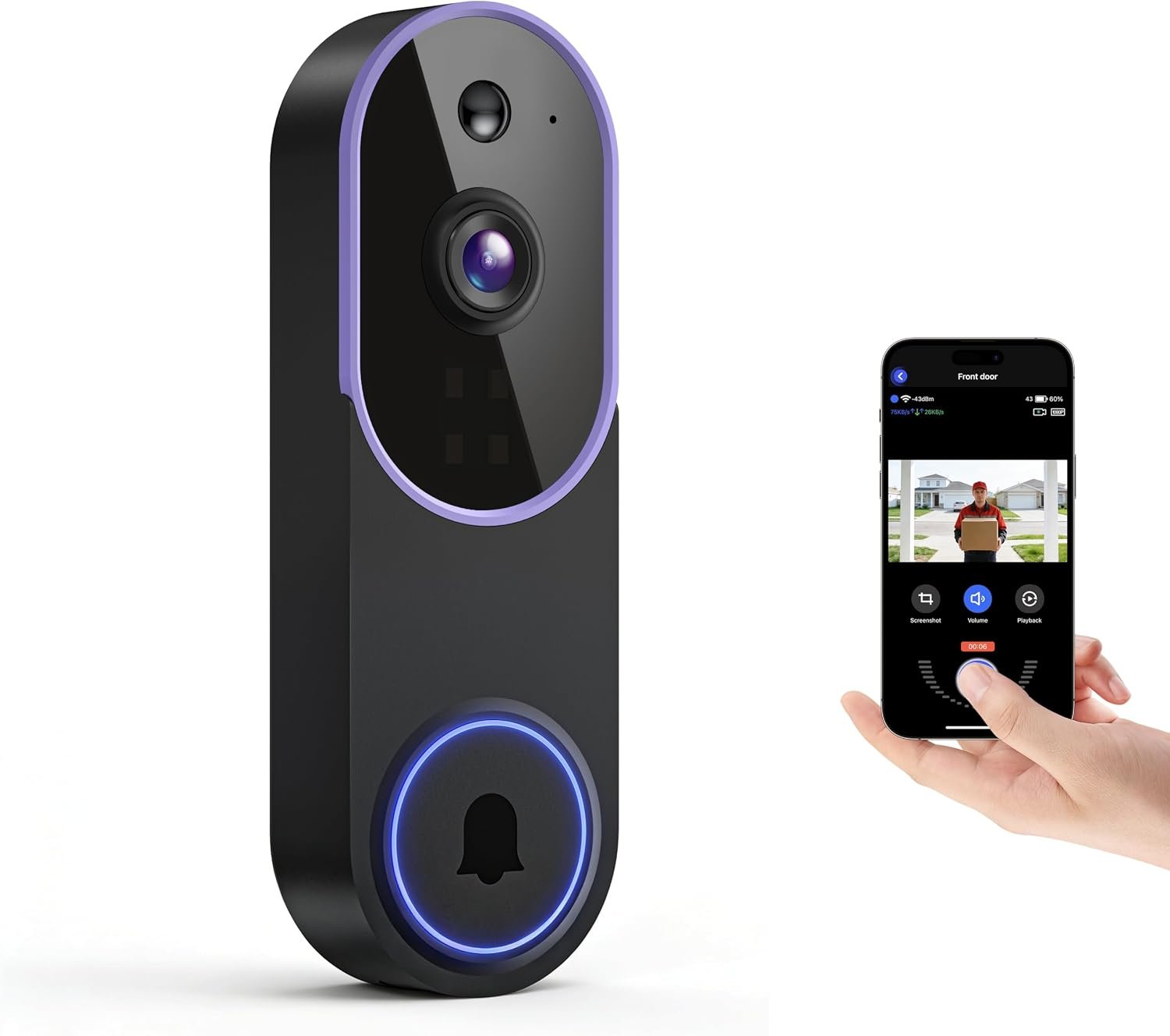 Smart 1080p Video Doorbell Camera with Night Vision, Live View, AI Human Detection, 2-Way Audio, Cloud Storage (Sold Separately), 2.4G WiFi Only, Hidden Security