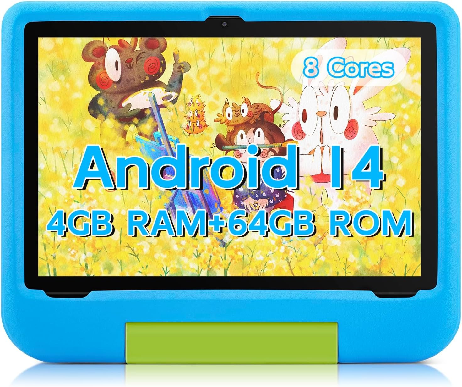 Kids Tablet 10 Inch – Android 14 Tablet for Kids, Octa-Core 8(4+4) GB+64GB, IPS HD Toddler Device, WiFi 6, Dual Camera, GMS, Parental Control Mode (Blue EVA Case)