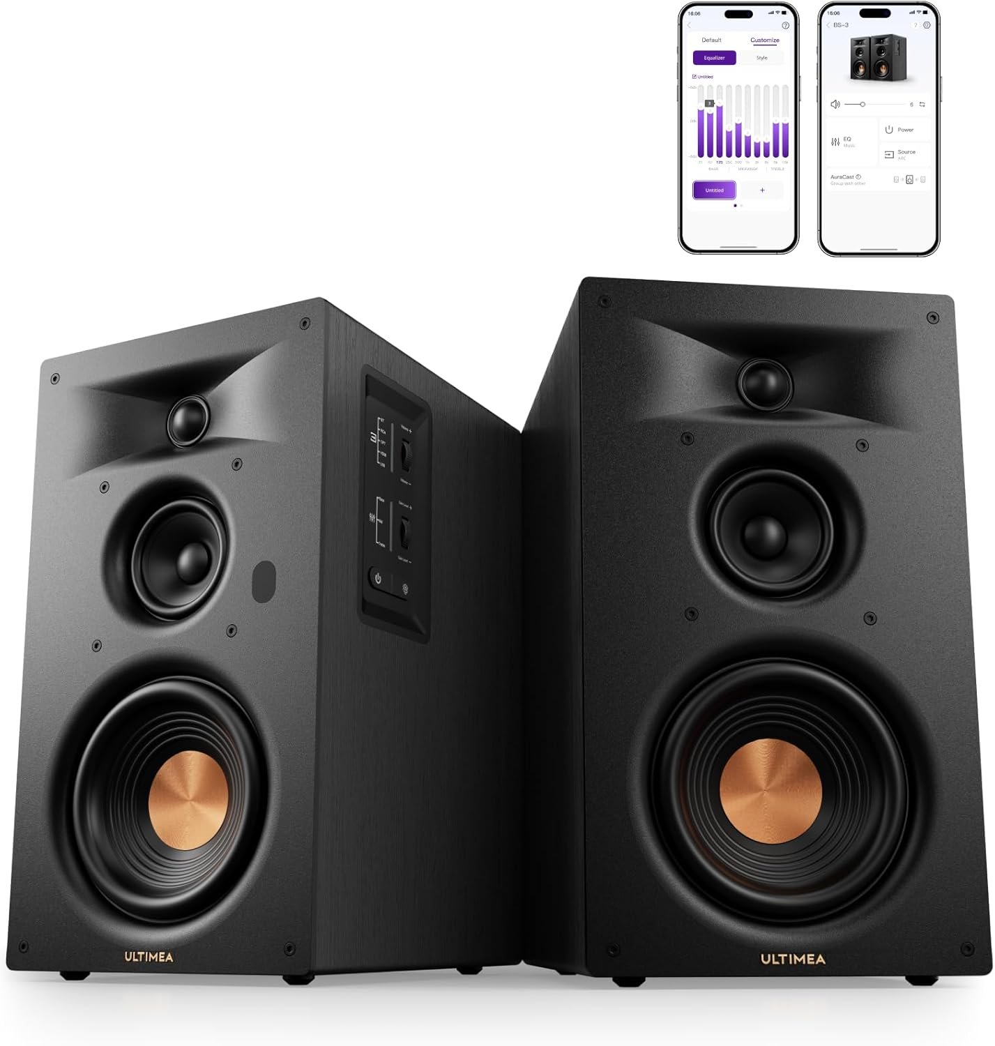 ULTIMEA 3-Way Powered Bookshelf Speakers with 5.25” Woofer, 70W RMS, App, Edge Horn & BassMX, SUB Out & HDMI ARC for Home Theater, Bluetooth 6.0, Auracast, Grille-Free Design, BS-3