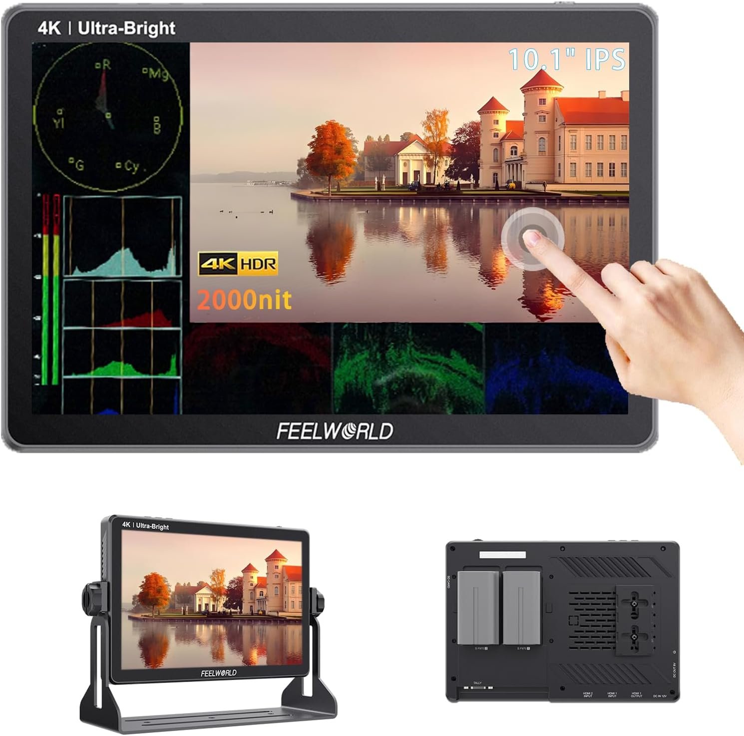 FEELWORLD LUT11H 2000nit Camera Field Monitor, 10.1 Inch 1920×1200 Touchscreen 4K 60Hz HDMI Video Monitor Screen with U-Shape Bracket, Dual Battery Slots, 3D LUT Waveform HDR Focus Peaking