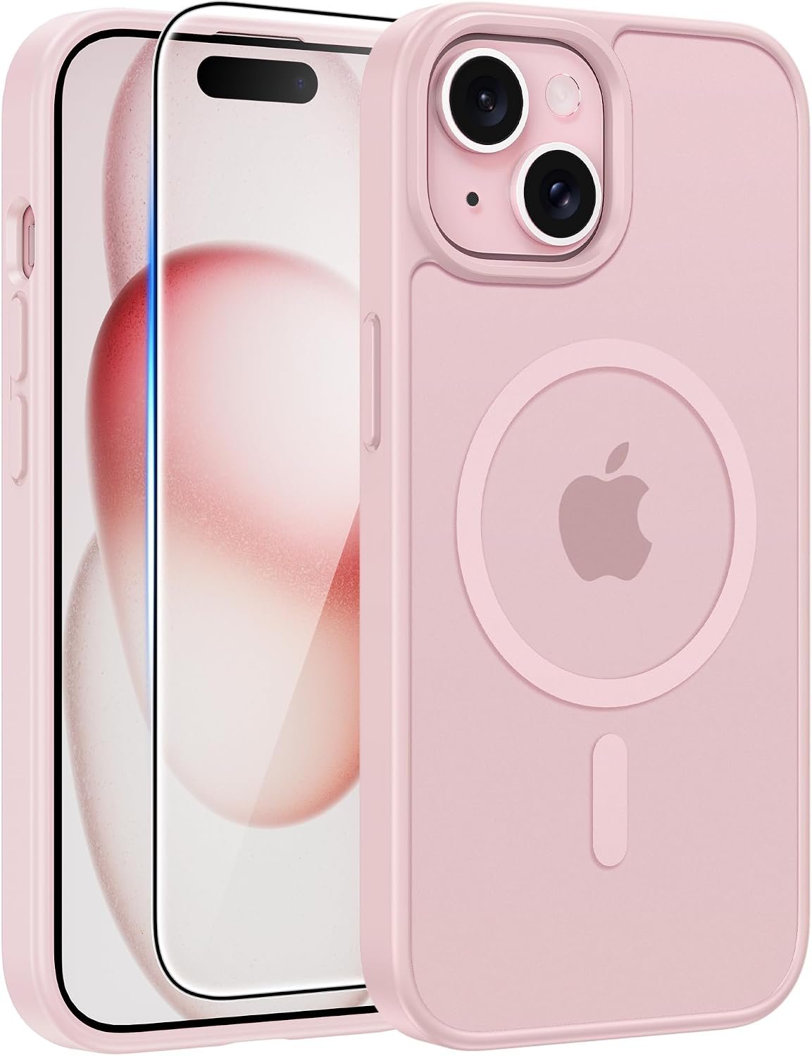 FNTCASE for iPhone 15 Case: for iPhone 14 Case & iPhone 13 Case [Compatible with Magsafe] Translucent Matte Cases with [Screen Protector] Military Grade Shockproof Protective Phone Cover – Light Pink