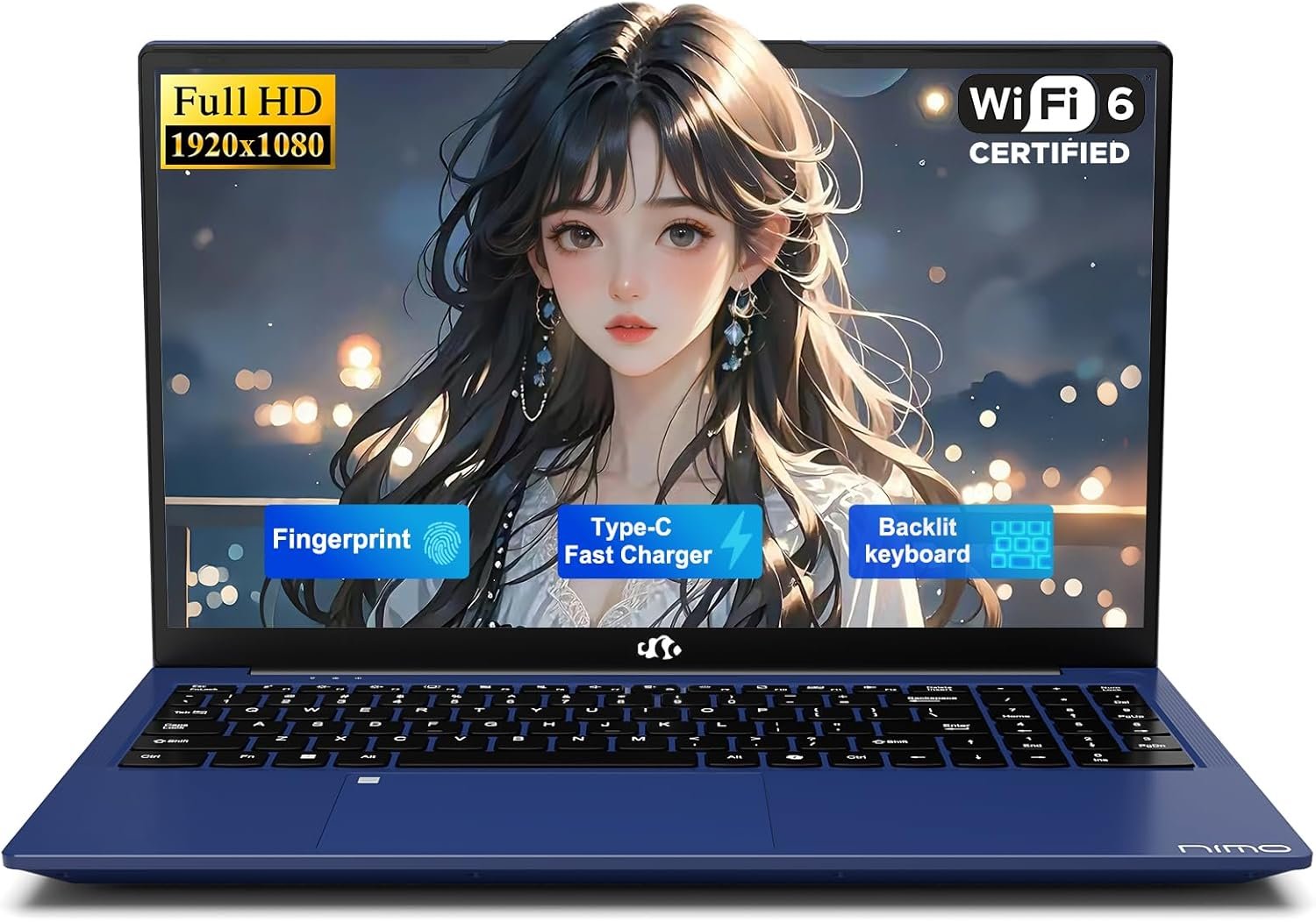 NIMO 15.6″ IPS FHD-Student-Laptop, Intel Twin Lake N150 (4 Cores Up to 3.6GHz) with 2-Years-Warranty, 65W Type-C, Fingerprint, Backlit Keyboard, 53.58Wh Battery 8GB RAM 256GB SSD for Office and Home