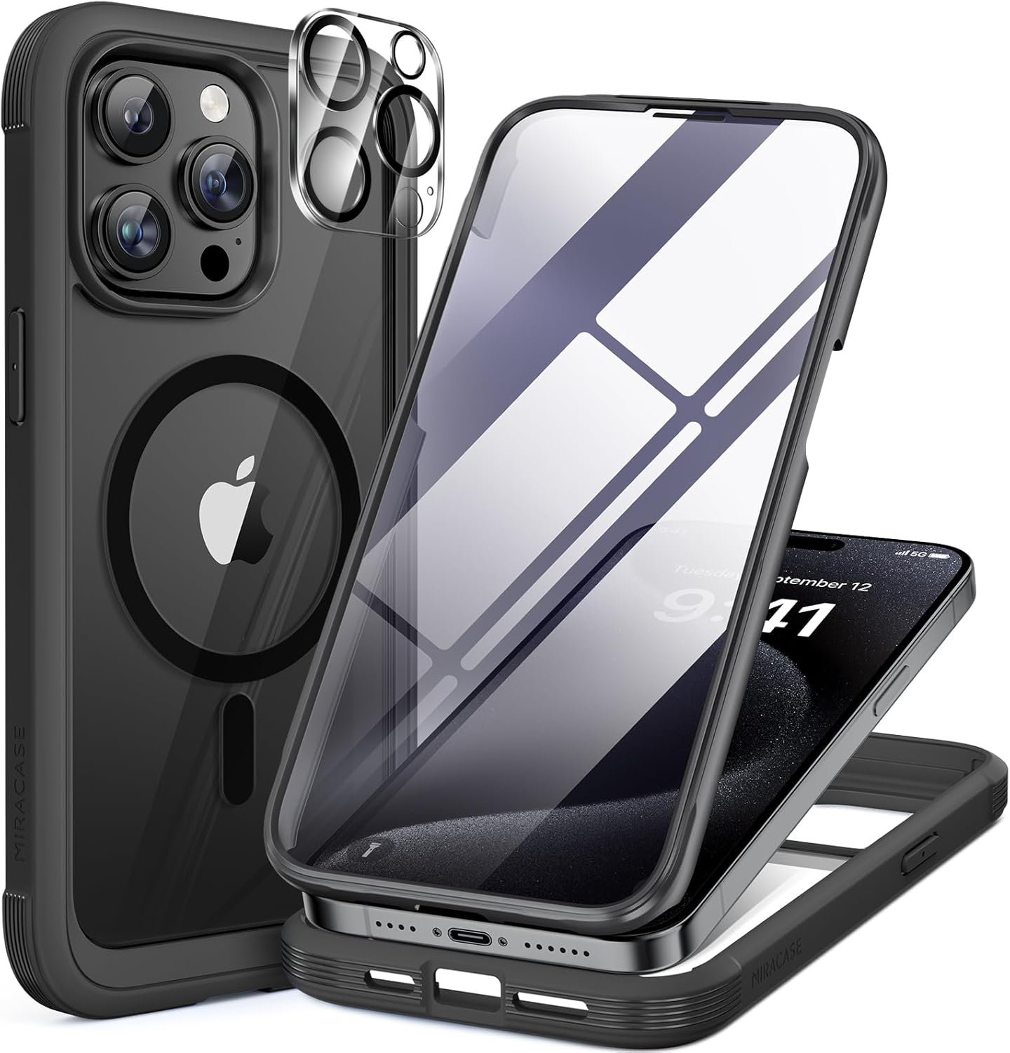 Miracase Magnetic for iPhone 15 Pro Max Case 6.7” [Compatible with Magsafe] Full-Body Drop Proof Bumper Phone Case for iPhone 15 Pro Max with Built-in 9H Tempered Glass Screen Protector,Black