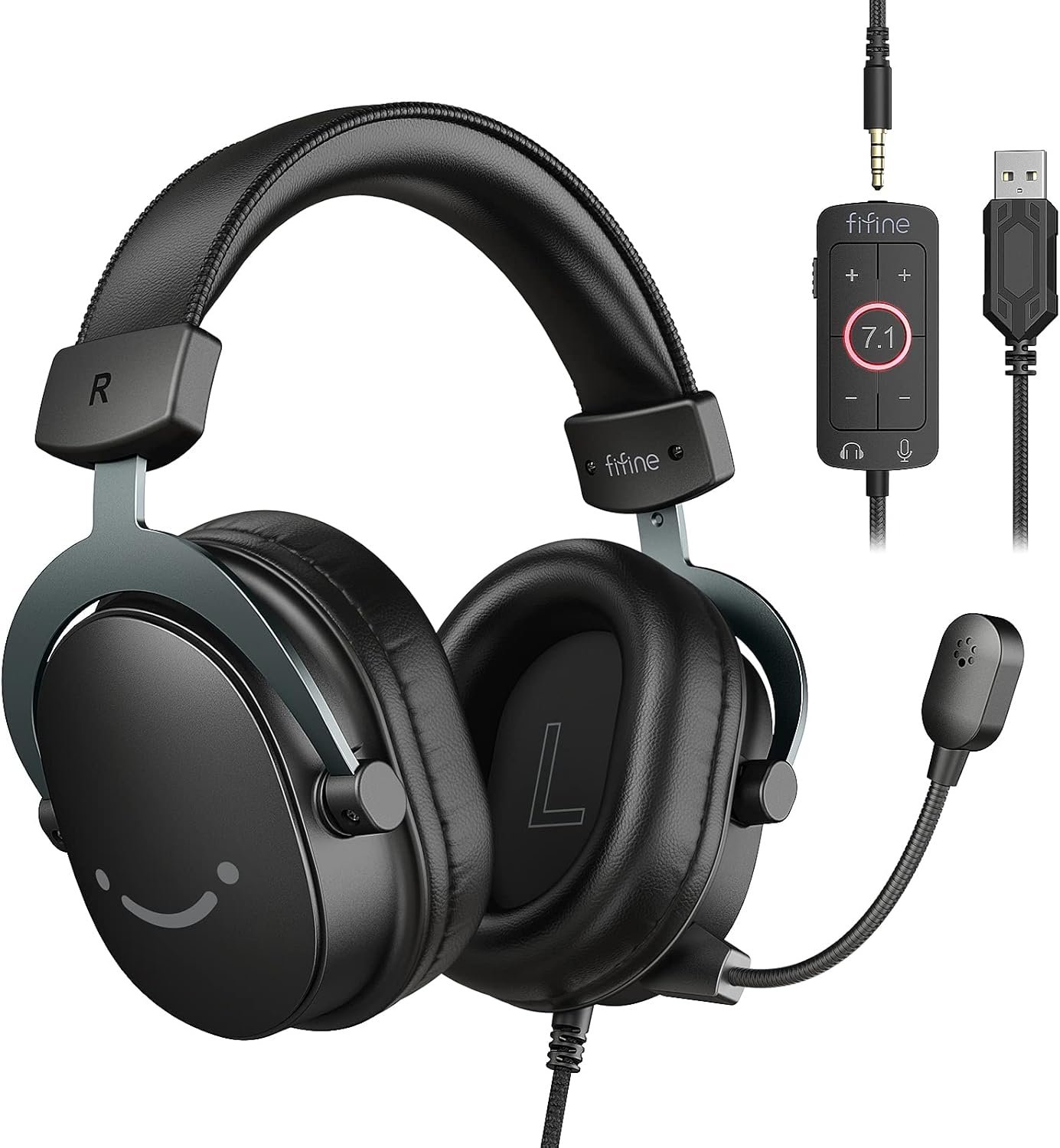 FIFINE Wired Gaming Headset, Gamer Headset with 3.5mm and USB Dual Connectivity, 7.1 Surround Sound, Tuned 50mm Drivers, Detachable Mic, Over-Ear Headphones for PC/PS5/Xbox, Black-AmpliGame H9