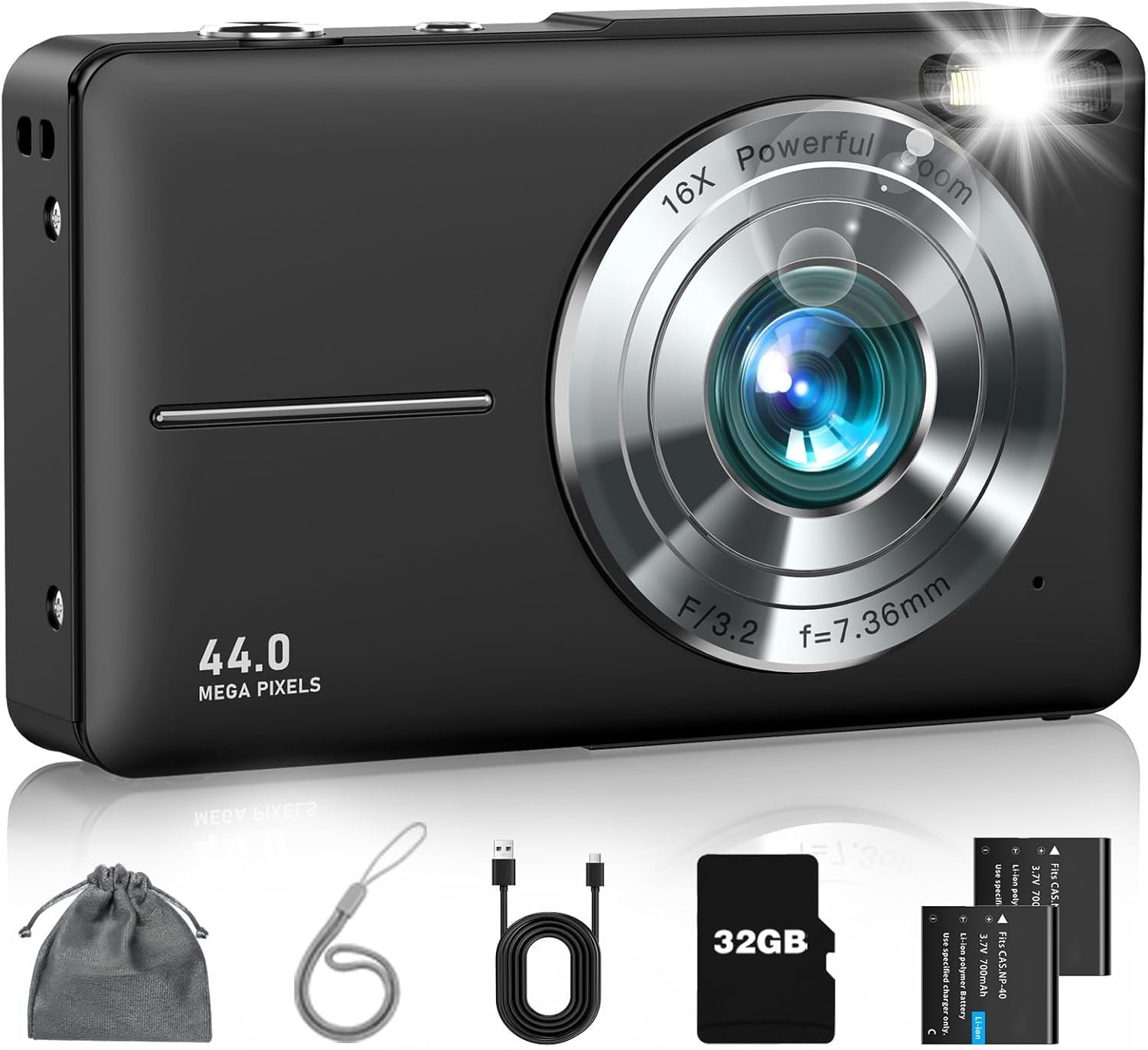 Digital Camera, FHD 1080P Point and Shoot Camera with 16X Zoom Anti Shake 32GB Card, Compact Small Video Camera Gift for Kids Teens Starter Boys Girls(Deep Black)