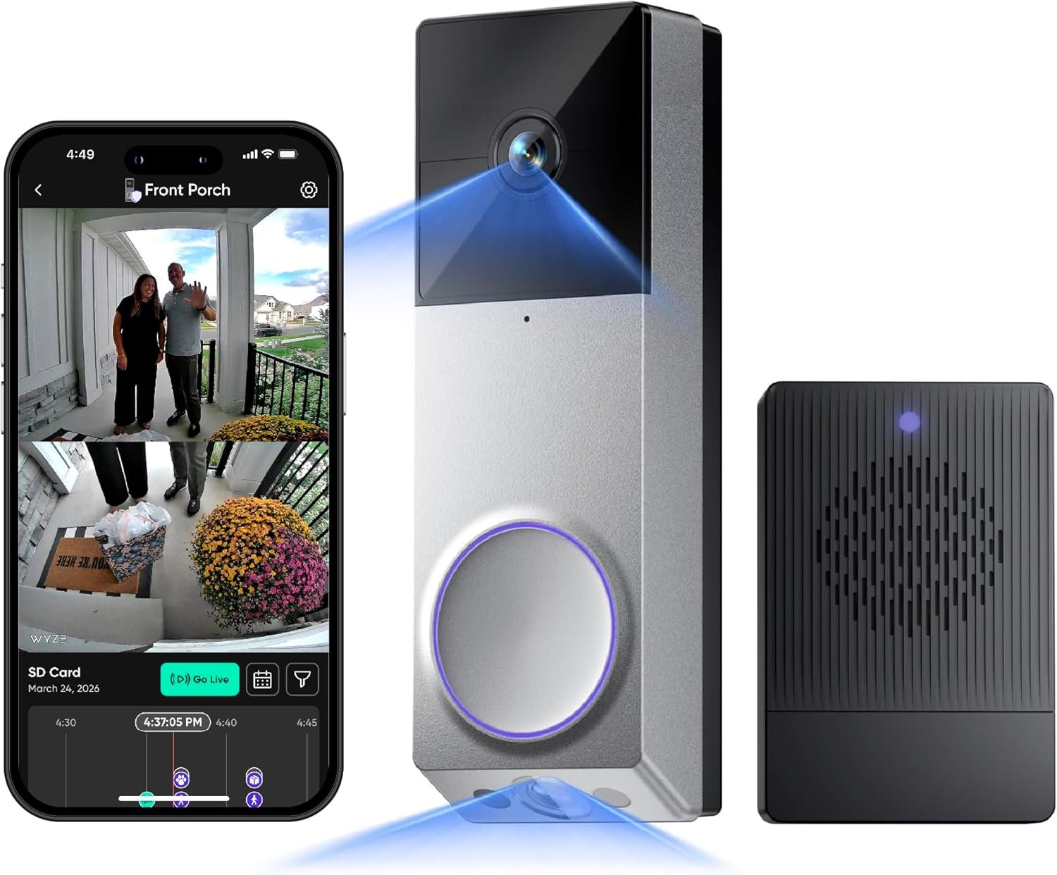 WYZE Wireless Duo Cam Video Doorbell (Chime Included), Battery Powered, 2K Full HD Video, 2 Cameras (People and Package), 2-Way Audio, Color Night Vision, Silver