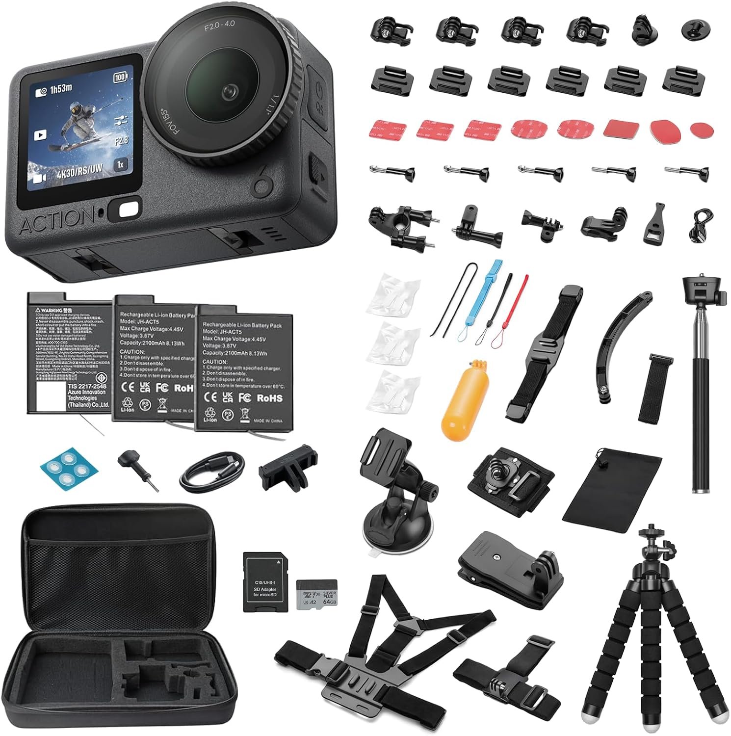 DJI Osmo Action 6 8K Waterproof Action Camera Bundle, 1/1.1″ Square Sensor, 50GB Built-in Storage, Original Essential Combo + 58 Piece Accessory Kit + 2 Extra Batteries + Extra 64GB Card