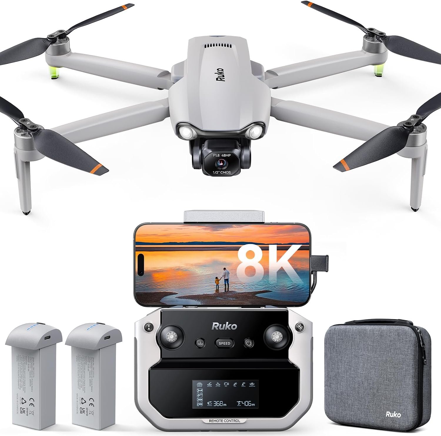 Ruko F11PRO 2 Plus Drones with Camera for Adults, 48MP 8K Photo, 3-Axis Gimbal Stabilizer, 74 Mins Flight Time (2 Batteries), 20,000ft Transmission, Beginner-Friendly Tech Gift