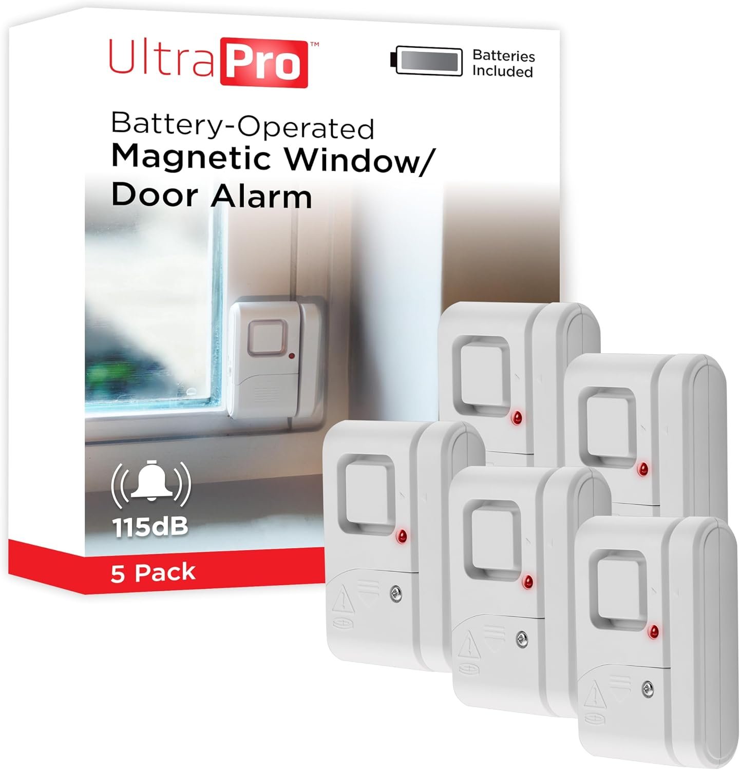 UltraPro Personal Security Window and Door Alarm, 5 Pack, Wireless Chime | DIY Protection, Burglar Alert, Easy Installation, Home Security, Ideal for Home, Garage, Apartment , White, 45987