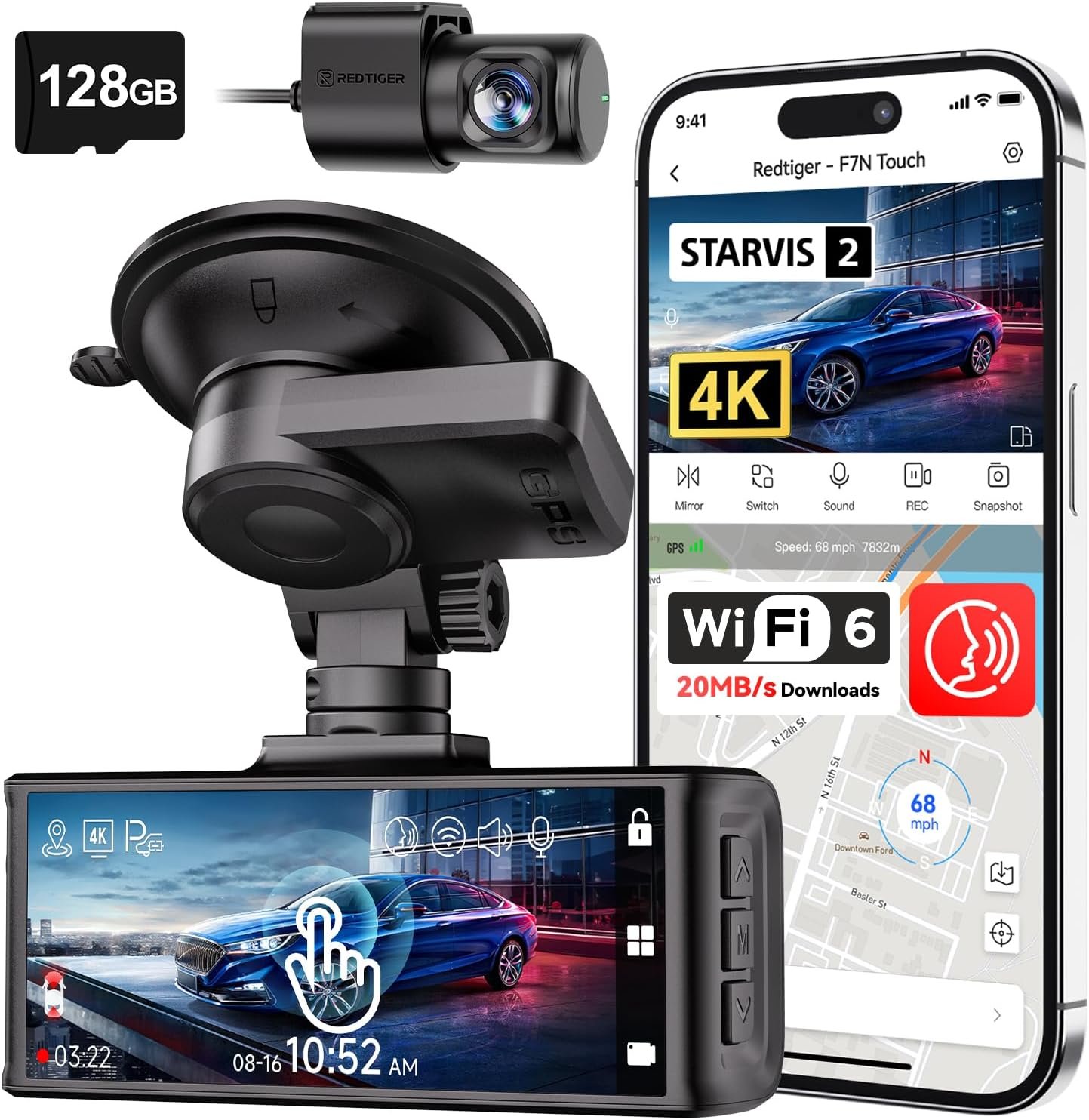 REDTIGER 4K STARVIS 2 Dash Cam Front and Rear, 5GHz WiFi 20MB/s Download, 128GB Card Included, Voice Control, Dash Camera for Cars with 3.18″ Touch Screen, GPS, Loop Recording, Parking Mode(F7N Touch)