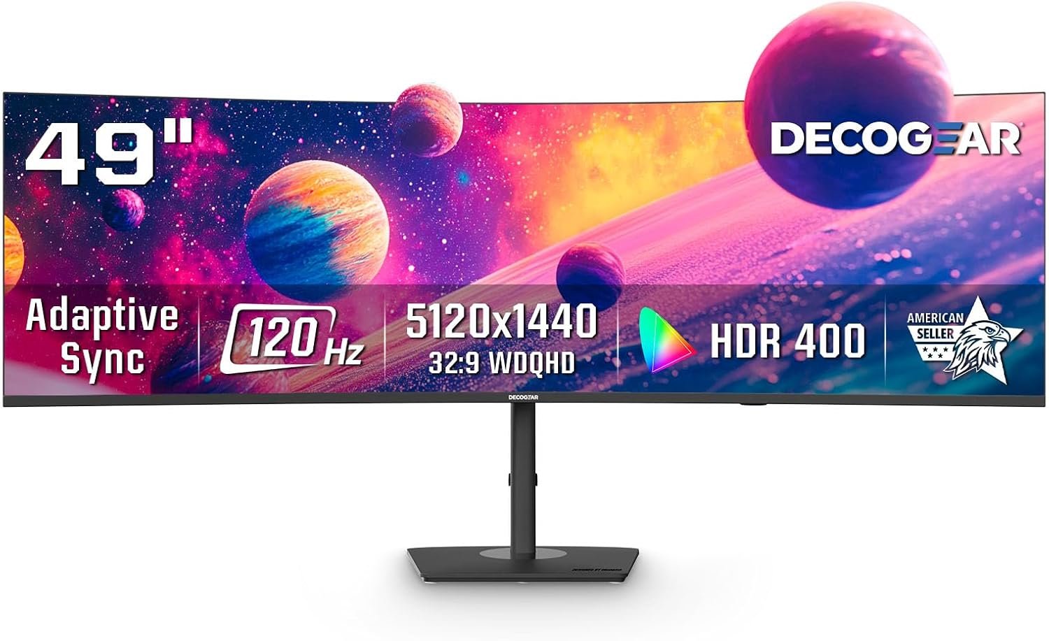 Deco Gear 49 Inch Curved Monitor, 5K2K Ultrawide WDQHD Screen 5120×1440, R1500, HDR400, 120Hz, 32:9 VA Panel, USB-C 65W PD, Adaptive Sync, PBP/PIP, KVM Switch, Built-in Speakers & Ergonomic Stand