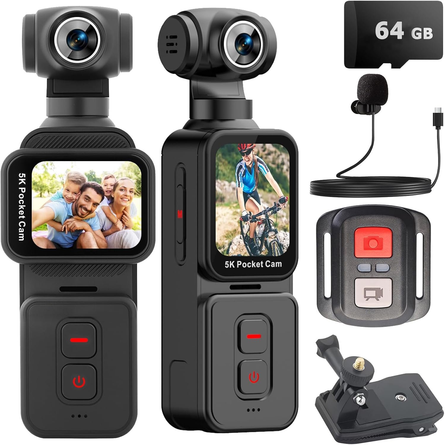 Pocket Camera 5K with Face Detection Automatic Rotating Lens, Vlogging Camera Body Cam with Rotatable Touch Screen, External Mic, Remote Control, 64GB Card