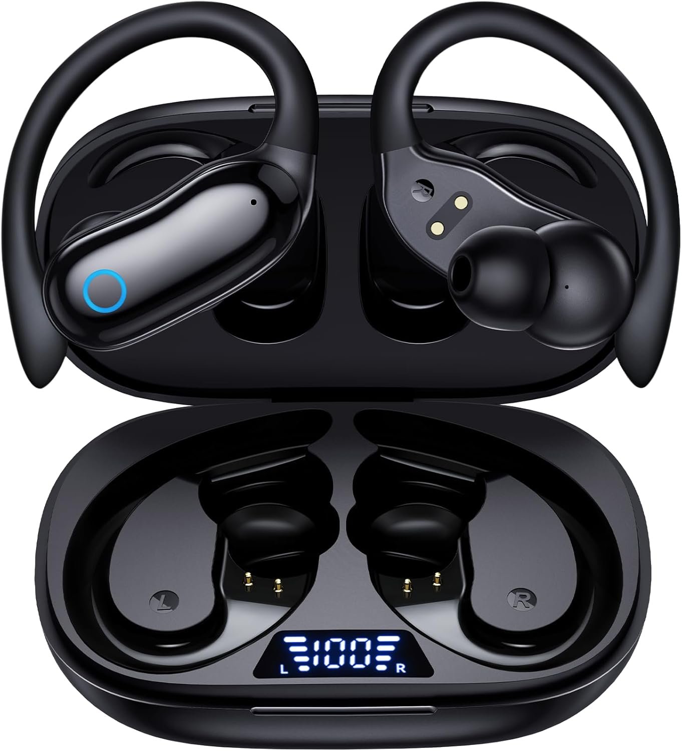 GNMN Active Noise Cancelling Ear Buds Wireless Earbuds 96hrs Playback Bluetooth Headphones Dual Battery Display Stereo Bass Earphones with Earhooks Microphone IPX7 Waterproof for Sports/Runing/Workout